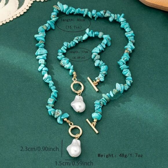 Turquoise and Pearl Beaded Golden  Necklace and Bracelet Set Fashion Jewelry - Picture 7 of 8